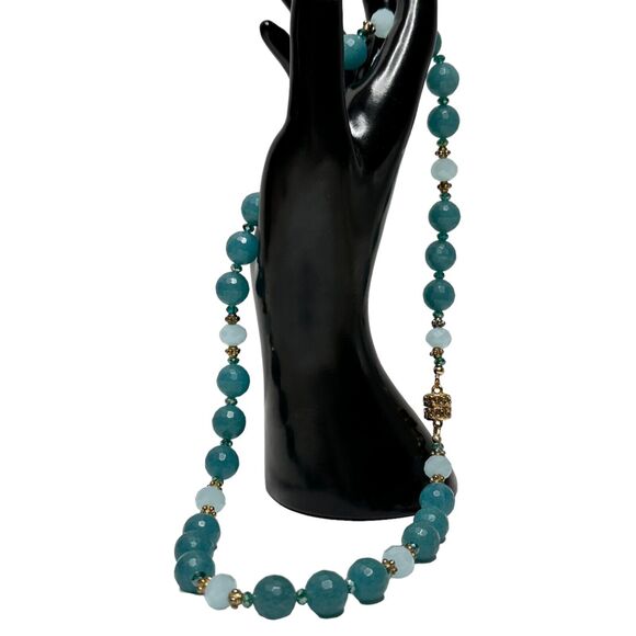 Amazonite Faceted and Glass Bead Necklace Gold Tone Magnetic Clasp 17 in Beauty - Picture 6 of 12
